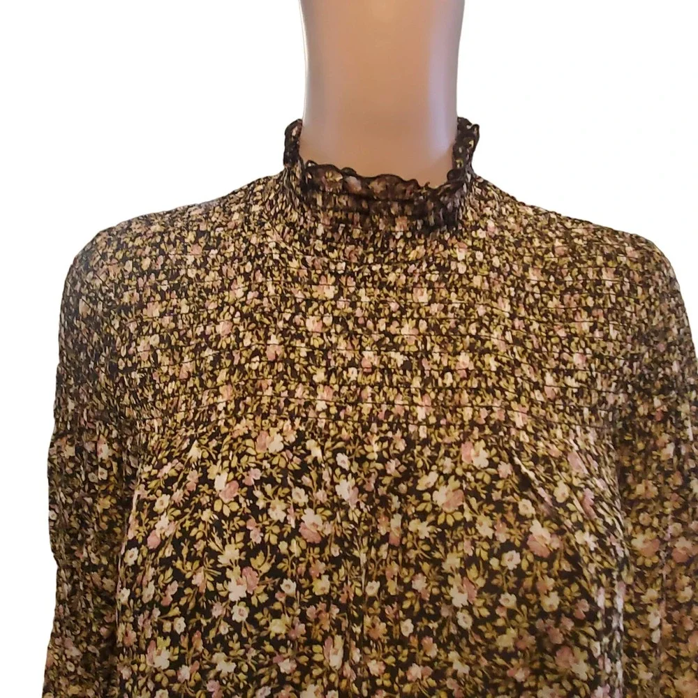 & Other Stories Sz 0 Sheer Smocked Mock Neck Lined Floral Print Mini Dress